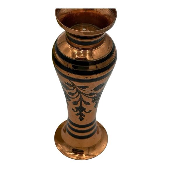 Vintage Brass/Copper Black Etched Floral & Striped Vase ~ 8” Tall Made India EUC - Picture 8 of 12